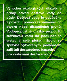 Výhodou ekologických dlažeb je přímý odvod dešťové vody do půdy. Dešťová voda je odváděna z povrchu pomocí zatravňovacích otvorů nebo distančních prvků. Vodopropustné dlažby propouští srážkovou vodu do podkladních vrstev v celé ploše.  Spolu se správně vytvořeným podkladem zajišťují dostatečnou kapacitu  pro vsakování dešťové vody.